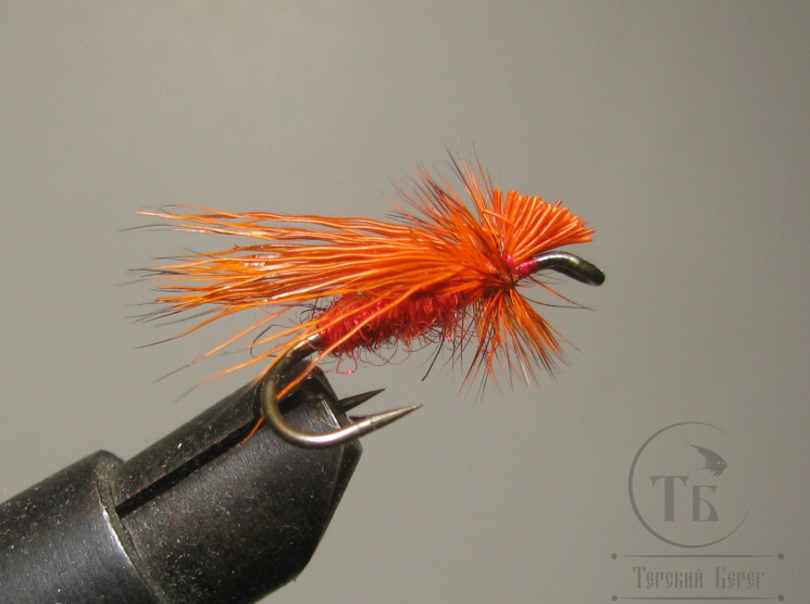 Муха на двойнике (ДВХ № 118)  Caddis ( Dееr Caddis Hot Orange ) двойник Кр. № 10