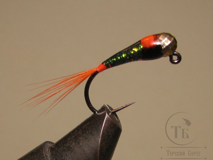 Муха нимфа с вольфрамовой головкой ( 2 ) Jig Nymph TNG GH Peacock Red Tag TMC BL №8 (безбородый)