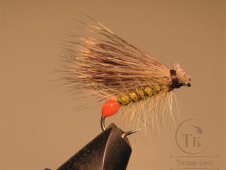 Mуха Caddis ( 6 ) Sedgehog Natur. Fl Orange Tag кр. № 12