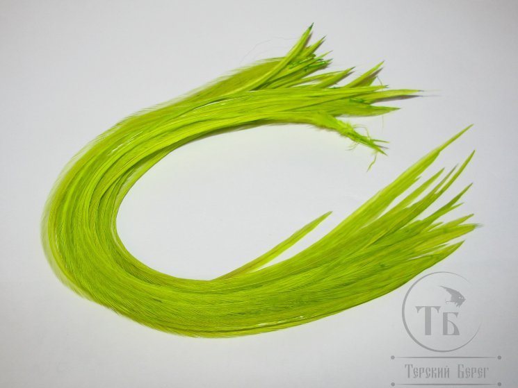 Перо из седла петуха отборное ( 1 шт ) флюр лайм шартрез / Fl. Lime Chartreuse 36 - 39 см.