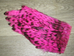 Перья курицы рябые Hen Wet Cape Feathers 1/4 Barred Black / Fl. Pink ( нижняя четверть скальпа, среднее перо )