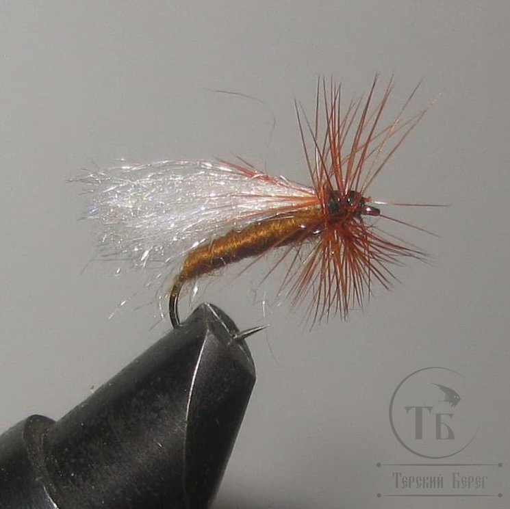 Муха сухая Dry fly ( 34 ) " Poly Pro Brown White Caddis  " крючок № 12 ( Kumho )