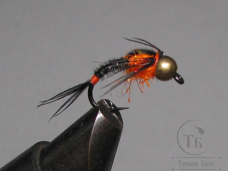Муха нимфа Scud  ( 53 ) GH  Pheasant Tail Black Fl. Orange nymph  крючок scud № 10