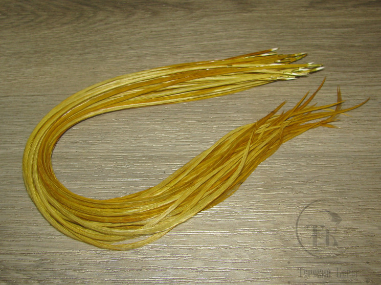 Перо из седла петуха отборное ( 1 шт ) золотисто оливковые / Golden Olive 32 - 36 cm.