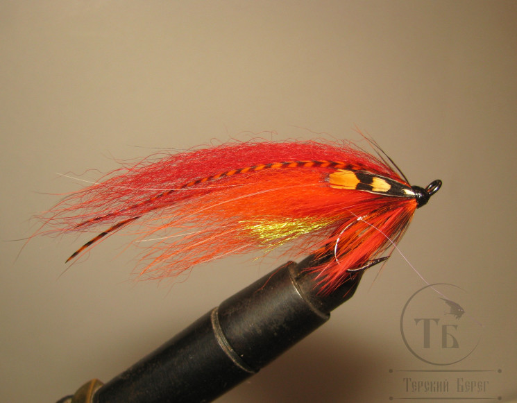 Mуха лососевая на двойнике ( 1 ) Robin Hood Red Orange Varzuga крючок Mustad DL71 BLN № 6