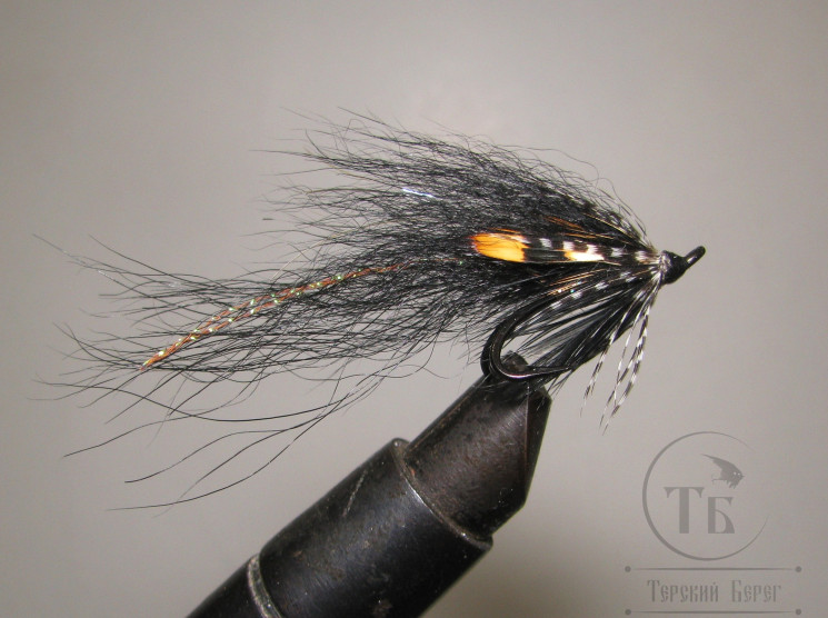 Mуха лососевая на двойнике SM ( 1 ) Black Teal крючок Partridge Patriot Black № 10